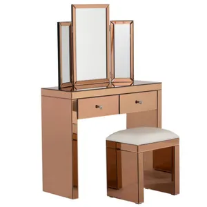 Rose Gold Mirrored Dressing Table With Stool & Tri-Fold Mirror Bedroom Furniture