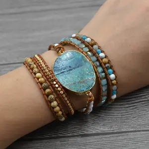 Pulsera de cuero con cuentas de cristal, brazalete con cuentas de cristal, estilo océano, joyería, 2019