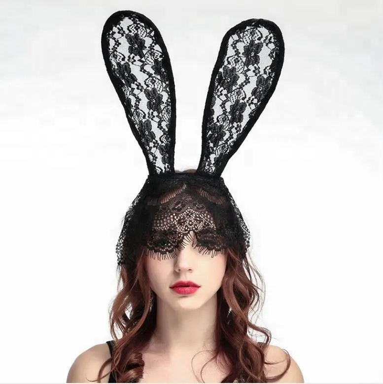Black White Red mask with Lace Big bunny ears party Halloween Hair accessory