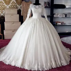 Vestido de novia con apliques de encaje de manga larga, elegante, vestido de boda, 2019