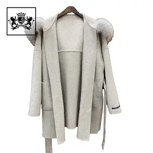 Janefur Winter Frauen Pure Color Wolle Kaschmir Mantel Loose Style Gürtel Close Real Fox Pelz kragen Kapuze Woll mantel