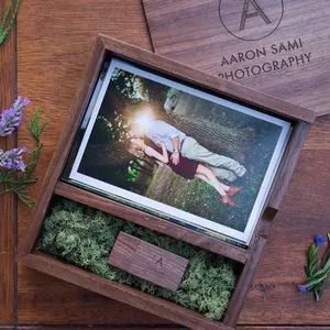 Wedding memory gift box with USB flash drive 4GB 8GB photography walnut box Walnut Wooden Box Photo Album with Custom Logo