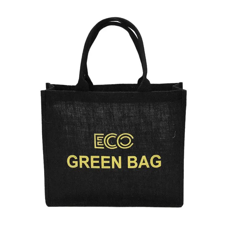 ECO GREENゴールドプリントブラックジュートカスタマイズロゴトートショッピングバッグ
