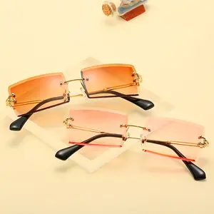 แว่นตากันแดดแบบไร้ขอบสำหรับผู้หญิง,กรอบโลหะบางทำจากกระจกแว่นตาแฟชั่นใหม่แบบไร้กรอบสีบลอนด์