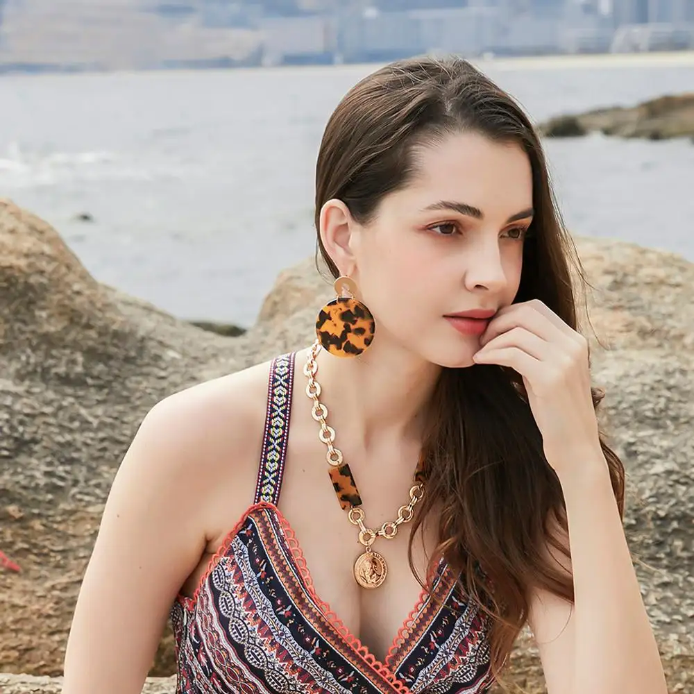 HANSIDON Akrilik Kalung Anting-Anting Set untuk Wanita Buatan Tangan Laporan Rantai Panjang Kalung Anting-Anting Set Perhiasan