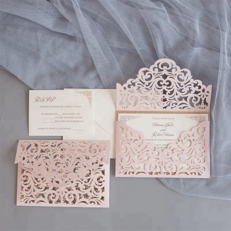봉투 스타일 저렴한 이슬람 디자인 홍당무 레이저 컷 포켓 결혼식 초대장