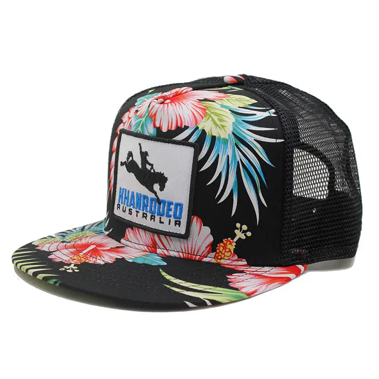 Custom floral fabric flat brim trucker cap hat with embroidery patch