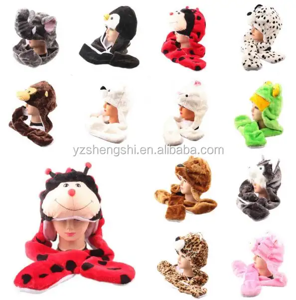 Plush Soft Ladies Kids Teens Animal Hat with Hood Scarf Long Mittens Pocket/animal hats with paws