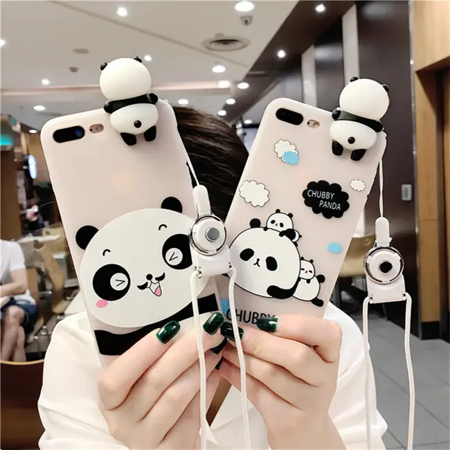 3D Panda Cute Cartoon Cover Strap Transparent TPU Silicone Phone Case For iPhone 13 12 11 XR Cover