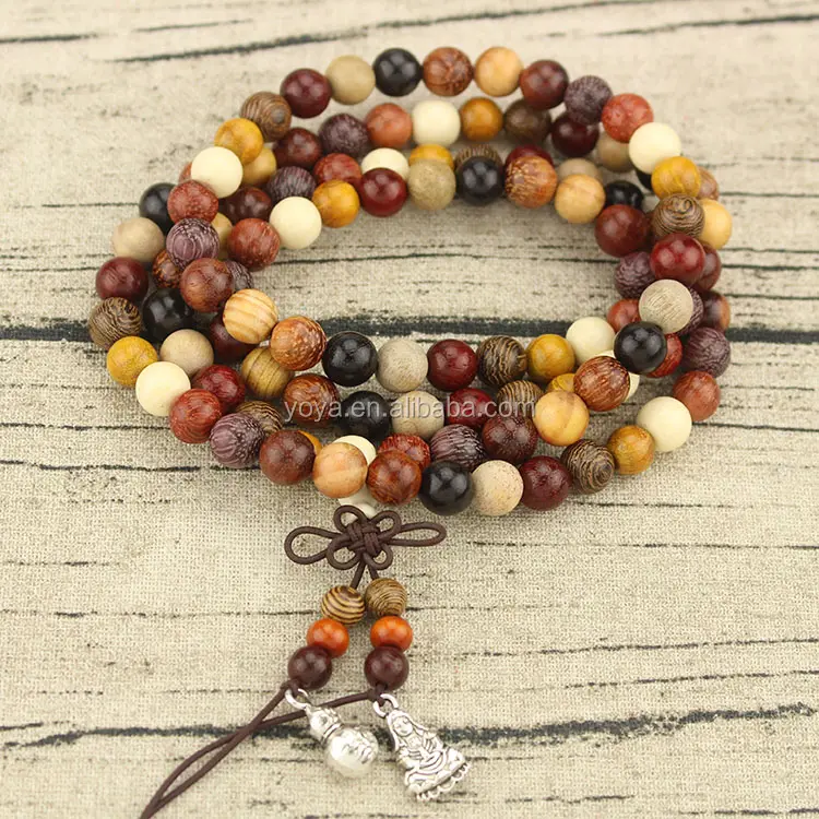 PBB1020 collana di perline di preghiera buddista in legno multicolore naturale, meditazione 108 bracciali con perline avvolgenti