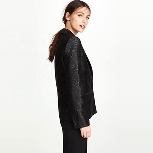 Customized Logo Black Shinny <strong>Sequin</strong> Business Suits Women Latest Fashion Solid Pattern Formal Blazer <strong>Jacket</strong> <strong>Plus</strong> <strong>Size</strong> Button - Product Image 3
