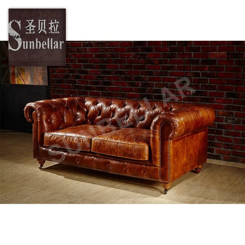 Professional standard vintage genuine leather chesterfield sofa tan leather couch love seat sofa America style sofa