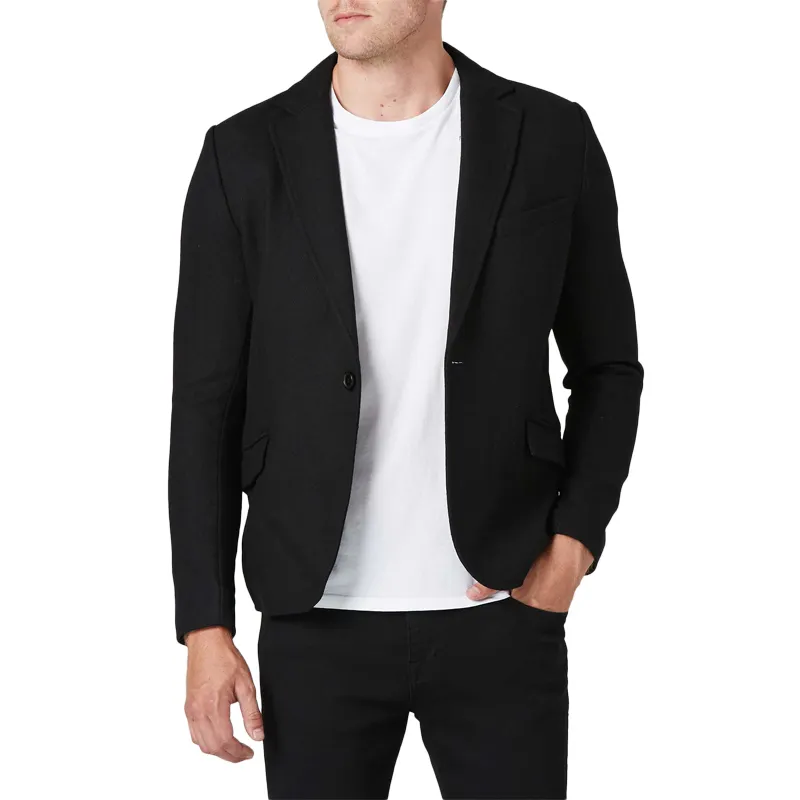 High Quality Black Single Button Blazer Slim Wool Mens Blazer With Leather Collar