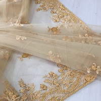 Tela de Tul Bordada con Encaje Dorado de Lujo, Diseños con Cuentas Hechos a Mano para Bolsos y Zapatos de Niña para Bodas - 100% Poliéster