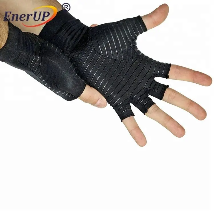 Arthritis Black Copper Hands Compression Half Finger Gloves Cut and Sew with Anti-slip Stripe OEM CU-FGLV 180gsm CN;SHN