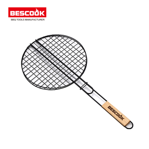 Cesto da esterno professionale <span class=keywords><strong>in</strong></span> <span class=keywords><strong>ferro</strong></span> rotondo con manico <span class=keywords><strong>in</strong></span> legno per barbecue antiaderente per un perfetto barbecue da esterno - Product Image 1