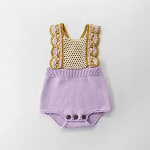 Baju Monyet Bayi Balita Ungu dan Krem, Bodysuit Putri Bayi Lucu untuk Balita, Romper Sabuk Flare Rajut