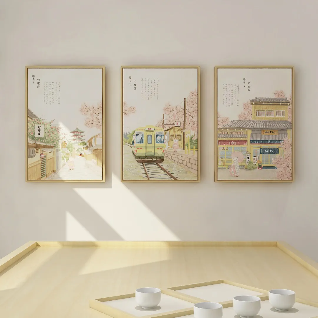 Stile giapponese cherry blossom street scene moderna olio della tela di canapa decorativa <span class=keywords><strong>pittura</strong></span> ad acquerello paesaggio di arte della parete