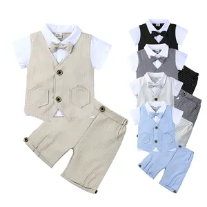 kids clothing wholesale summer short sleeve striped bowtie shirt False vest children's clothing boys set