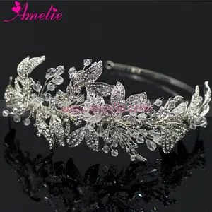 Floreale di Disegno del Rhinestone del Foglio e Da Cerimonia Nuziale di Cristallo Della Fascia Delle Ragazze Award del partito Della Principessa Crown Hairband