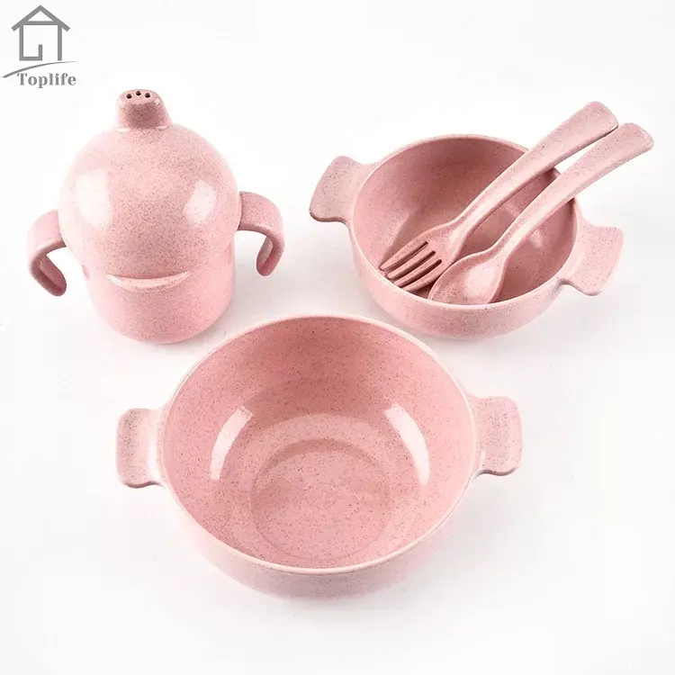 Wheat straw bamboo fiber children's tableware dinnerware baby set of 5pcs with children cup and bowl