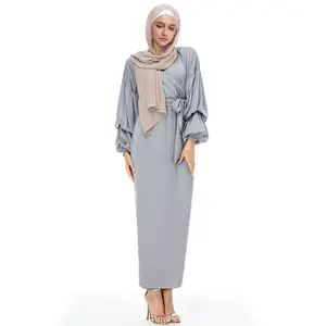 2021แฟชั่นแขนฟองตุรกีชุดสวมมุสลิมผ้าโพกหัวเสื้อผ้าอิสลาม Abayas ผู้หญิงชุดเจียมเนื้อเจียมตัว