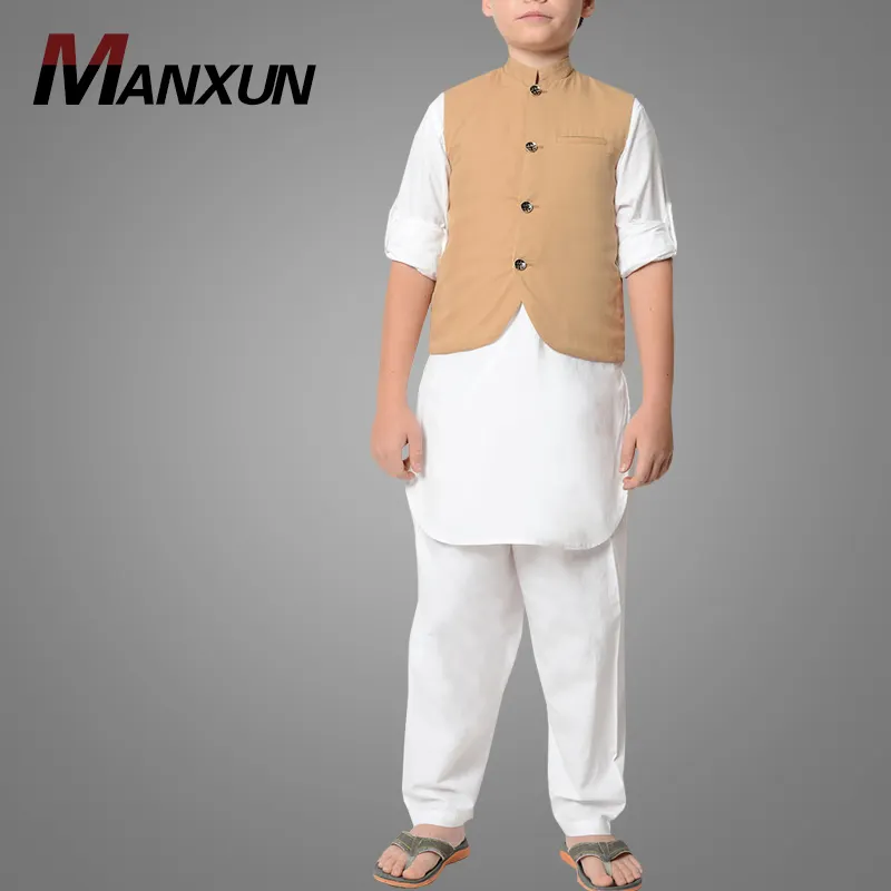 New Arrival Cotton Kurta Pajama Với Vest-Bộ 3 Mảnh Thobe Cho Bé Trai Hiện Đại jubba Hồi giáo Quần Áo