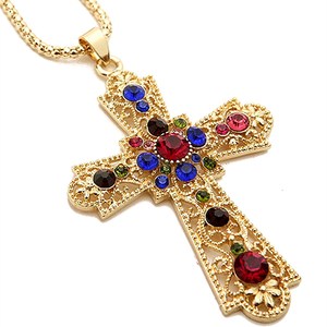 Husuru New Trendy Moda Arcobaleno Dei Monili di Cristallo Variopinto Religiosa Gesù Crocifisso Croce Pendente Della Collana D'oro Per Le Donne - Product Image 2