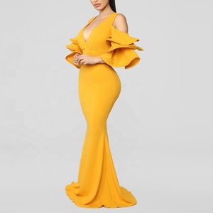 <span class=keywords><strong>Venta</strong></span> al por mayor de moda frío hombro cuello V profunda niveles mangas mujeres Maxi vestido largo - Product Image 2