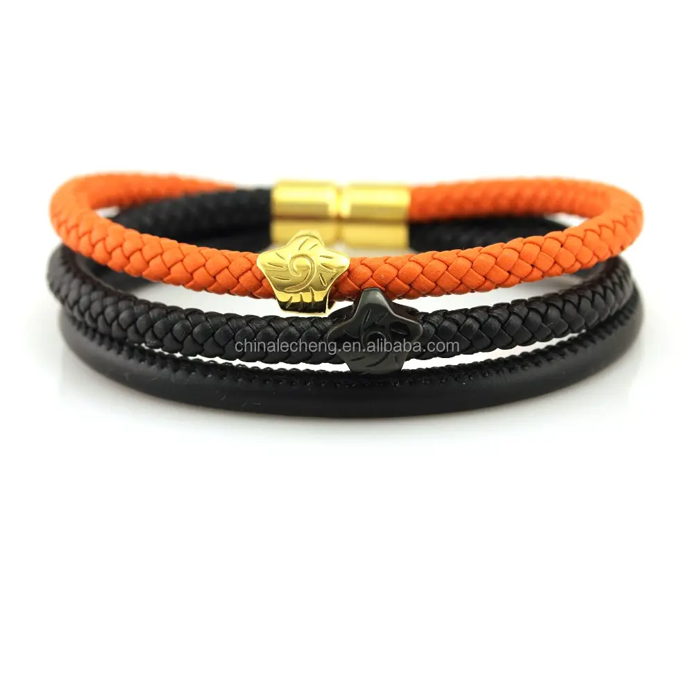 Оранжевый и черный кожаный плетеный браслет из <span class=keywords><strong>овчины</strong></span>, браслет из нержавеющей стали с пряжкой