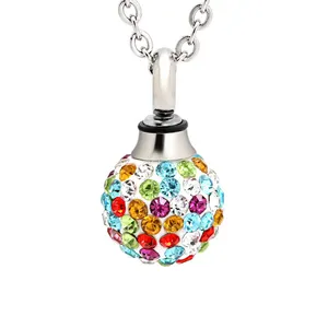 Waterproof Memorial Jewelry Design Colorful Crystal Around Stainless Steel Ball Cremation Pendant