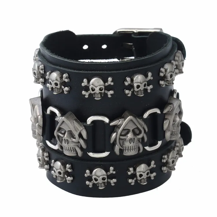 hiphop jewelry punk wide braided skull men's leather bracelet