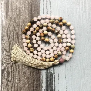 ST0597 Yoga Mala Beads 108 ожерелье 8 мм с изображением яшмы и розового кварца, плетеное ожерелье ручной работы с кисточками, ожерелья для йоги, ювелирные изделия
