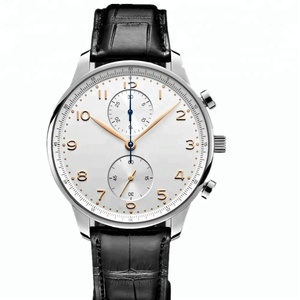 Montre en cuir personnalisé pour hommes, marque de montres <span class=keywords><strong>Chrono</strong></span> de la société de montres à Quartz blanc en acier inoxydable en cuir véritable moderne 3ATM 300 pièces - Product Image 1