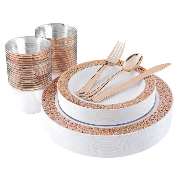 Rose Gold Lace Platen Plastic Bestek En Kopjes Set Party Platen