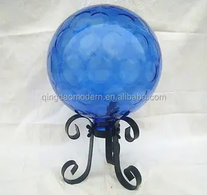 Solid blue color decorative glazed glass ball garden with stake