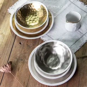 High quality factory stocked dinnerware porcelain 8/10 inch round gold silver painted bowl glazed plate ceramic