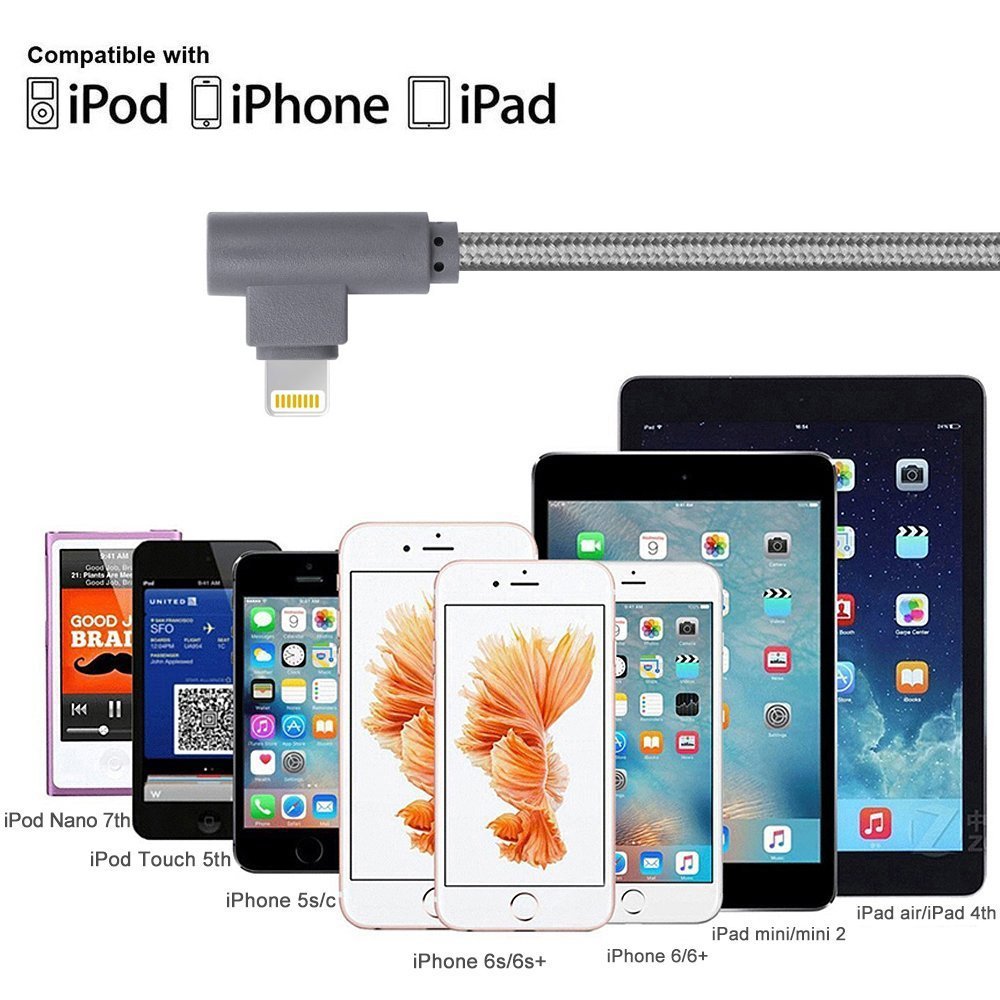 For iPhone Charger Cable 90 Degree Fast Data Cable Nylon Braided Compatible with iPhone Xs Max/XS/XR/7/7Plus/X/8/8Plus/6S/ Plus