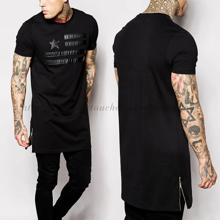 Logo T shirt Star Stripes Side Hem Zip Long Line T Shirt Men