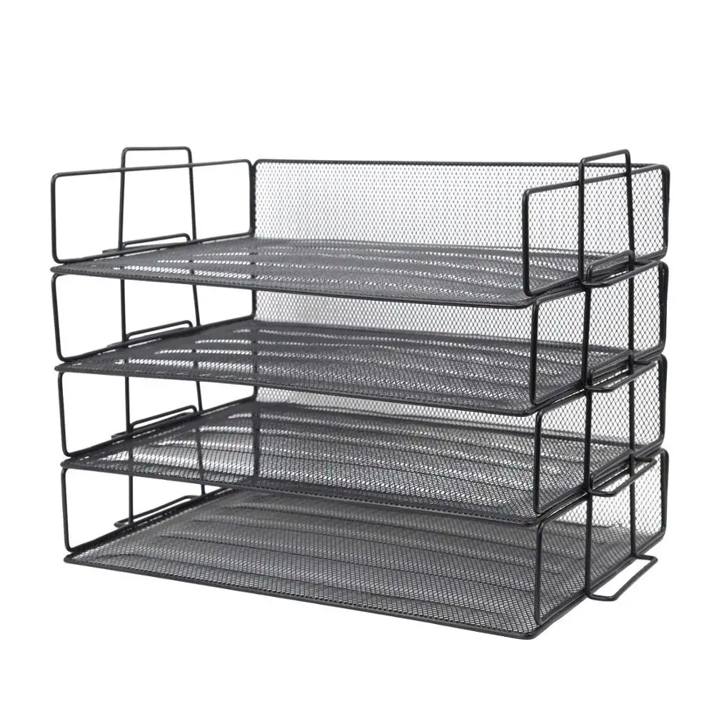 משרד בית ספר בית 4 tier שחור כסף רשת stackable נייר מסמך קובץ שולחן ארגונית עבור מכתב מגש מחזיק