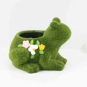 Green Grass Moss Flocked flower pot - Frog Planter, Ceramic