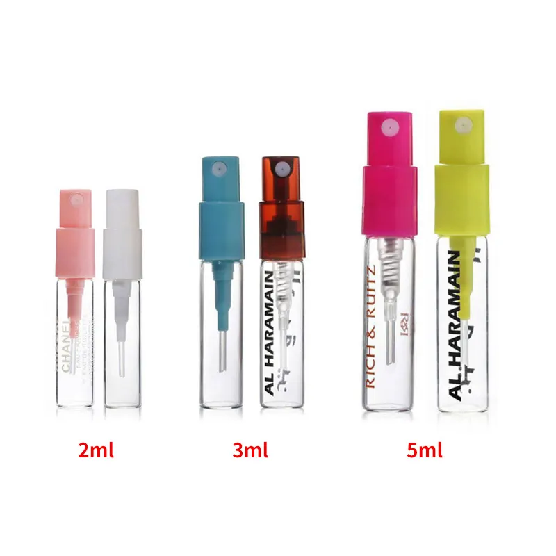 wholesale small 2ml 3ml 5ml crimp neck perfume sample glass vials with insert style plastic sprayer pump in different color