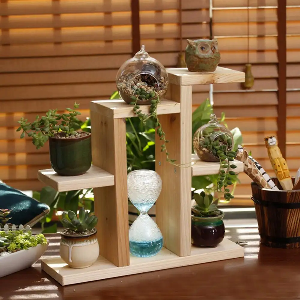 देहाती शैली मिनी लकड़ी संयंत्र बर्तन स्टैंड टेबलटॉप रसीला पौधों भंडारण रैक कार्यालय फूल बर्तन फ्रेम शेल्फ