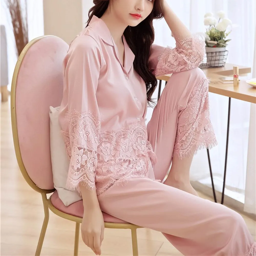 Lace Floral Long Sleeve Woman Silk Sleepwear Lace Pajamas Women Pajamas