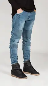 גברים ג 'ינס מסלול Slim רוכב אופנוען אופנה Hiphop סקיני ג' ינס לגברים עטוף ג 'ינס מכנסיים