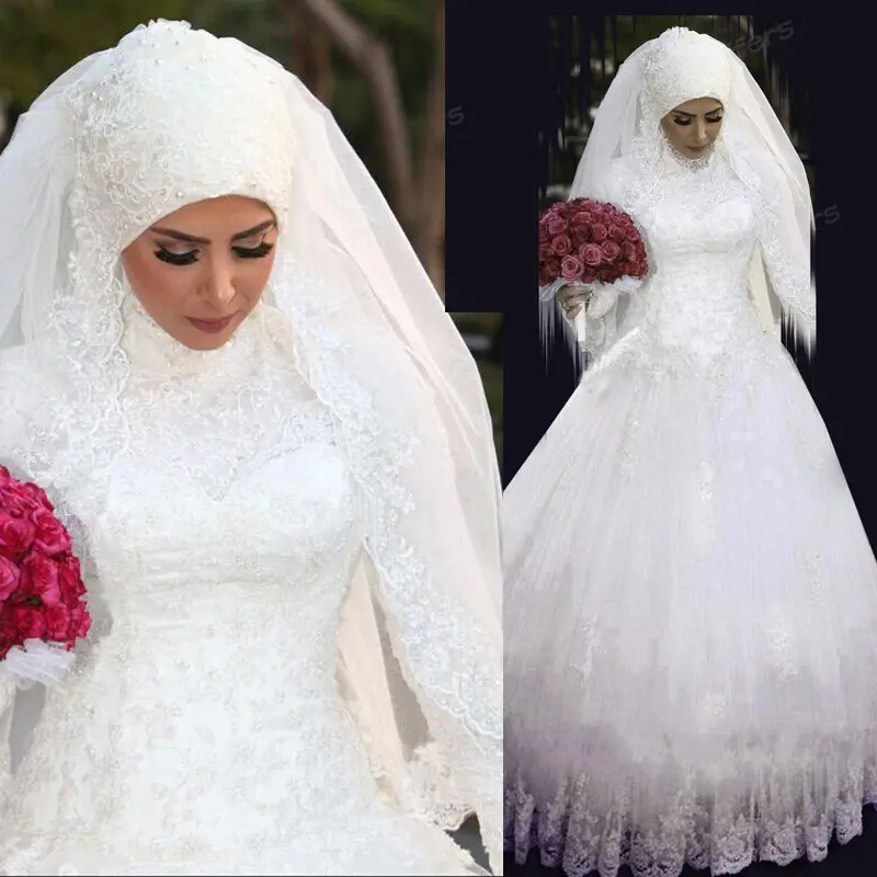 Passen Sie Pure White Arab Brautkleider Langarm Saudi Arabian Brautkleid High Neck Muslim Braut Brautkleider