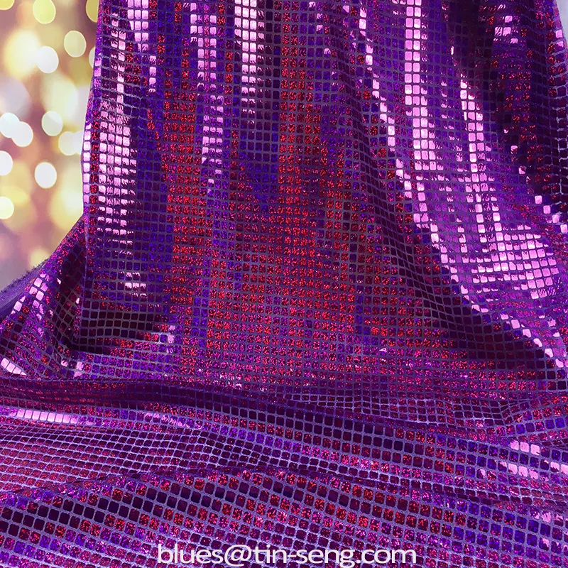 Malha de malha de poliéster roxo, tecido holográfico não bordado para fundos de festa
