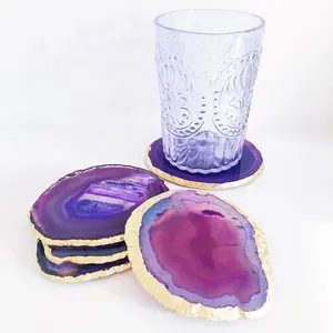 Luxury Home Decoration Natural Rose Quartz Crystal Round Green Purple Stone Gemstone Agate Coaster Slices with Gold Trim