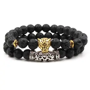 2 pcs/set Antique Silver Gold Plated Leopard Dragon Crown Lion Head Helmet Owl Charm with Black Natural Lava Stone Bead Bracelet