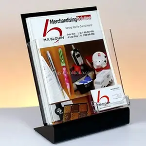 Pmma Plexiglas A4 Acryl Boek Flyer Tijdschrift Display Stand Met Card Pocket Acryl Brochure Houders Met Visitekaarthouder